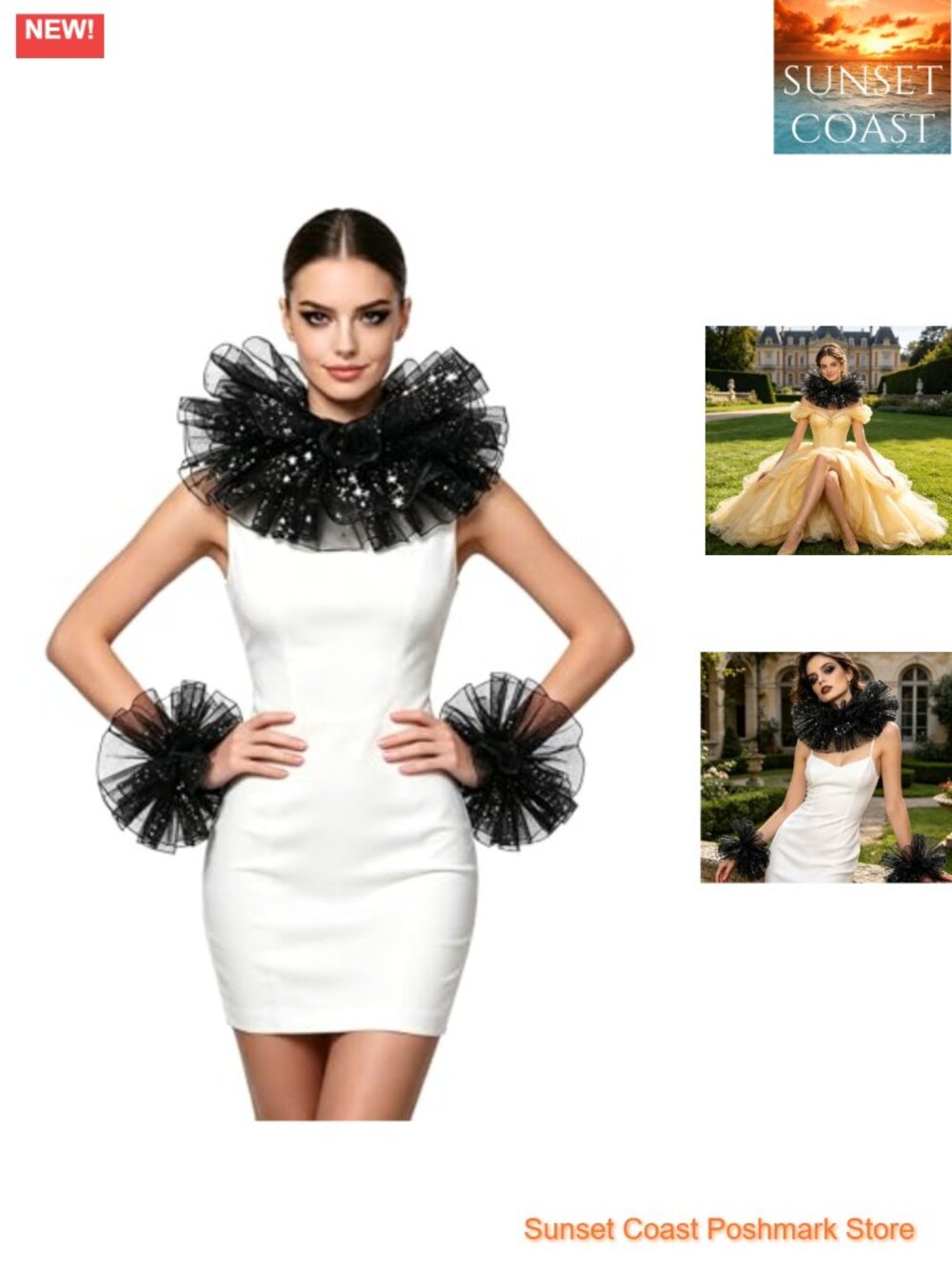 Organza Ruffle Collar & Wrist Cuffs Set Victorian Colonial Cosplay